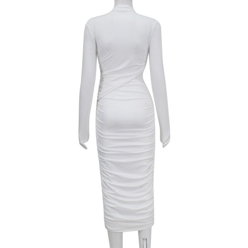 Женское однотонное платье с круглым вырезом и длинными рукавами, плиссированное, в стиле пэчворк, с сумкой-хип, сексуальное, для вечеринки Spice Girl