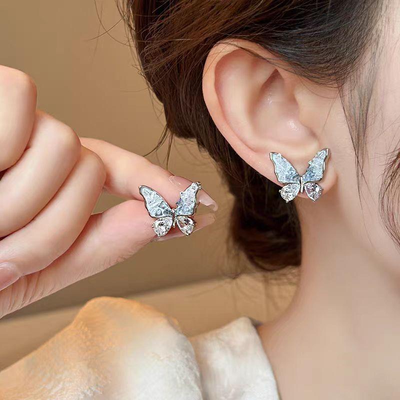 French light luxury high-end blue crystal butterfly earrings literary temperament small fresh earrings niche exquisite earrings