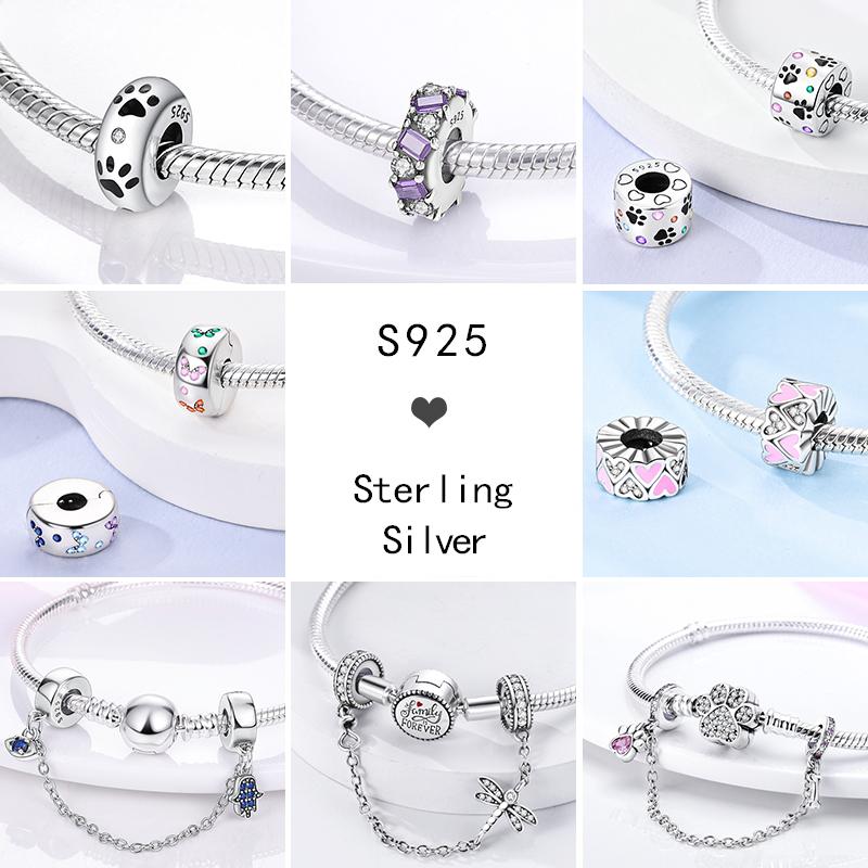 Round 925 Copper Clasp Pave Clip Charms Blue Star Moon Butterfly Slide Safety Chains Spacer Beads Fits Original Bracelet Zircon