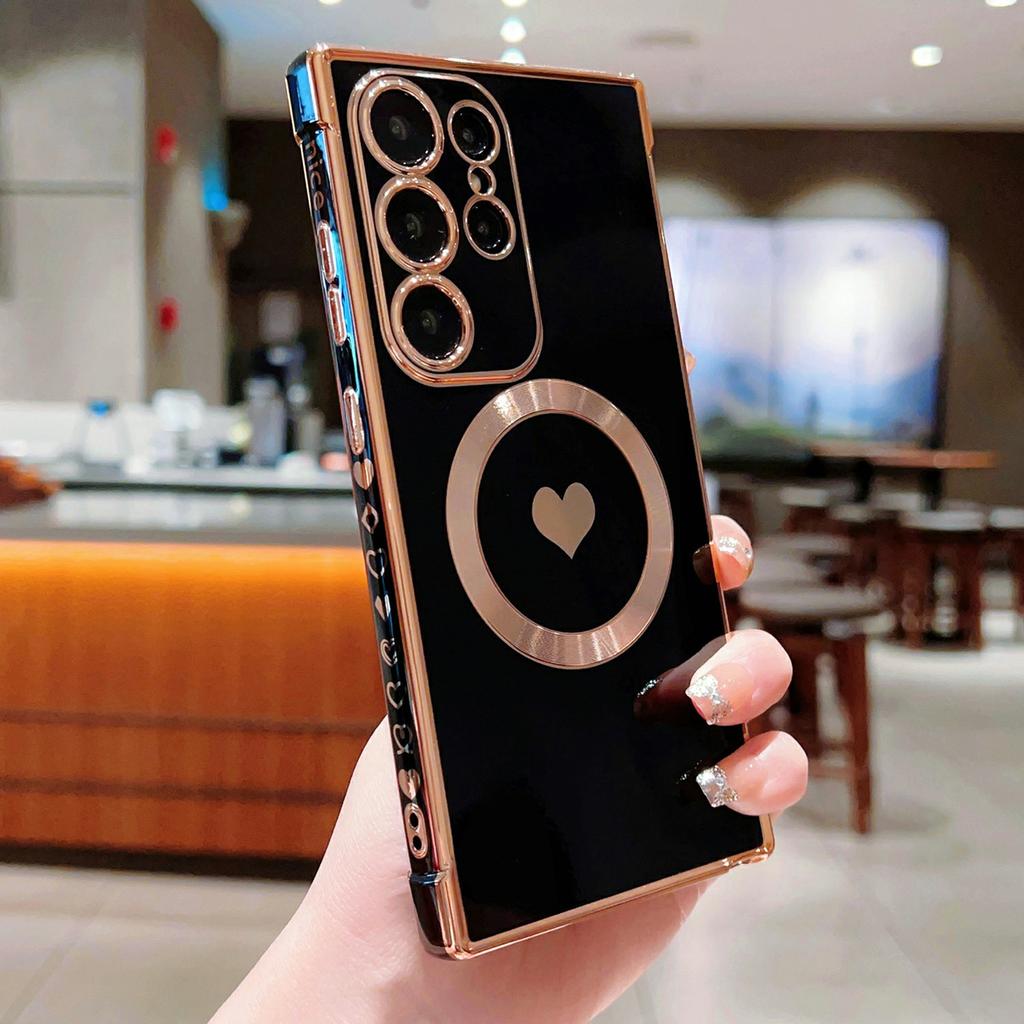 For Samsung Galaxy S26 Ultra Magnetic Case Electroplating Soft TPU Cover with Cute Love Heart