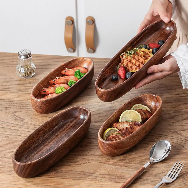 Creative Oval Solid Wood Plate Household Restaurant Boat-shaped Fruit Plate Snacks Salad Wooden Bowl Sushi Plate