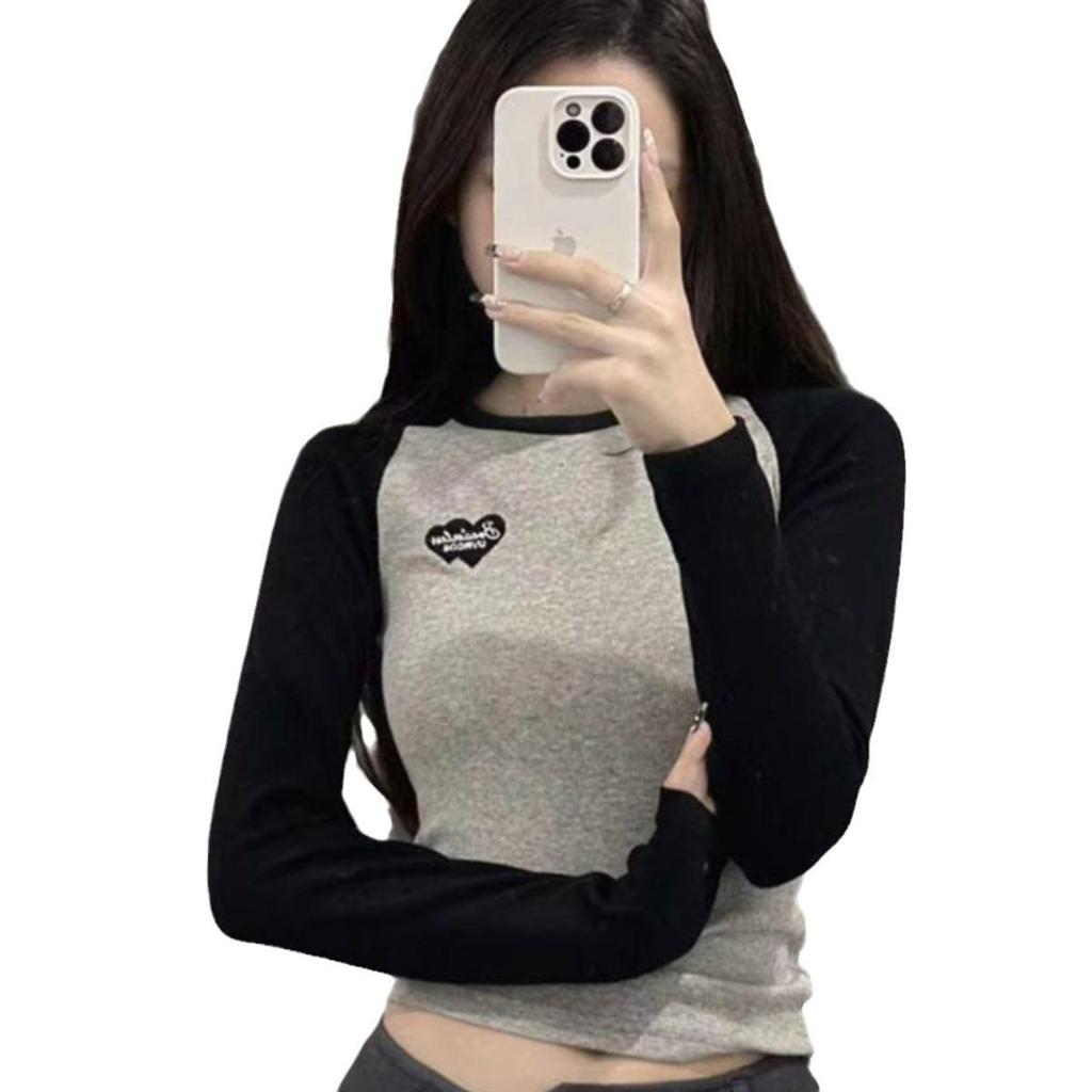 2023 Осень Корейский Ретро Колорблок Реглан Приталенный С Длинным Рукавом Женский Базовый Слой Топ