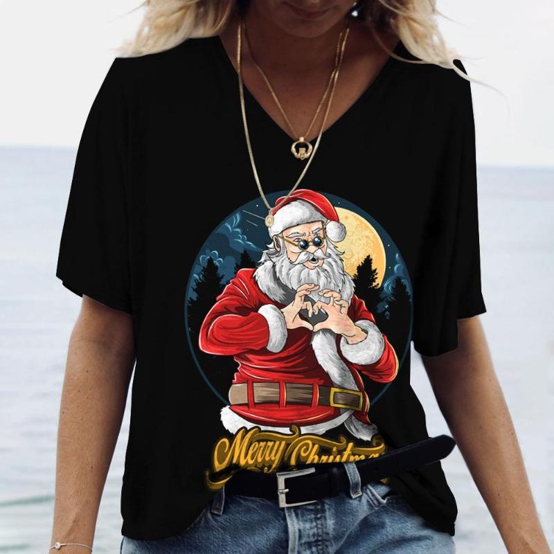 Футболка с короткими рукавами и V-образным вырезом большого размера 6XL Merry Christmas, женская, с принтом рождественской елки и Санта-Клауса, простая, модная, трендовая женская одежда