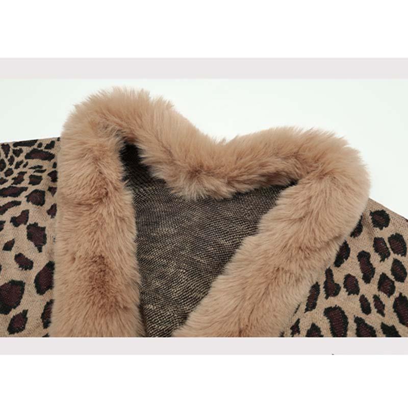 Women Autumn Winter Fur Collar Leopard Pattern Shawl Cardigan Fashion Vintage Batwing Sleeve Thick Warm Cape Coat