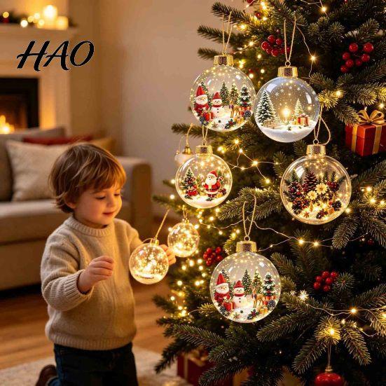 Xmas Tree Hanging Ornaments Glowing Christmas Story Ornament, Mini Holiday Scene in Ball Decoration, Winter Festival Decor Light Up Acrylic