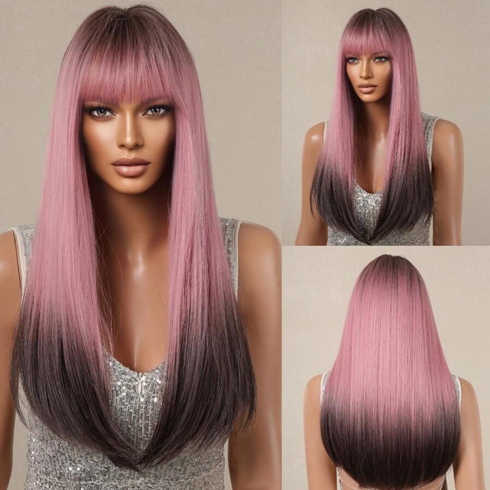 ALAN EATON Pink White Highlight Straight Wig Long Synthetic Wigs with Bangs Mixed Color Pink Party Wig for Women Cosplay Use