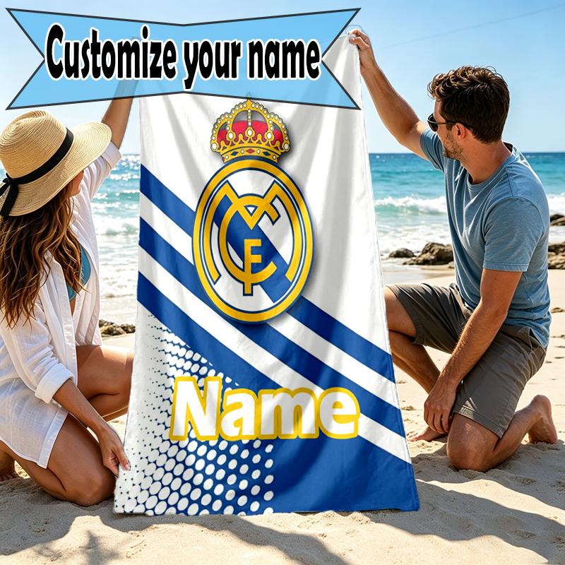 Custom Name Personalized Real Madrid Print Beach Towel, for Trip Camping Beach Party Home Decor, Birthday Gift for Family & Friends