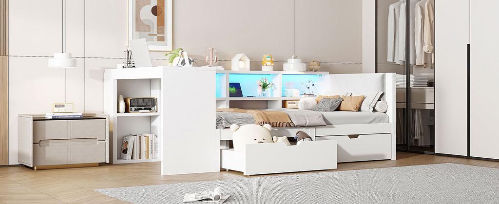 90x200 Wood Platform Bed with Shelves, Drawers, Charging Station and Upholstered Headboard, With Colorful LED Lights, White