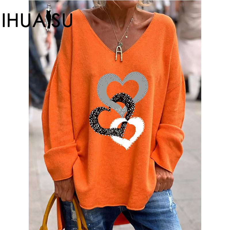 IHUASU Autumn Winter Women's Solid Color V-neck Long Sleeve Loose Casual Comfortable T-shirt Top