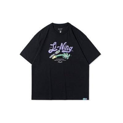 Li Ning X Steven Harrington Collaboration Cartoon Letter Print Loose Short Sleeve Unisex Tops Black AHSR935-3