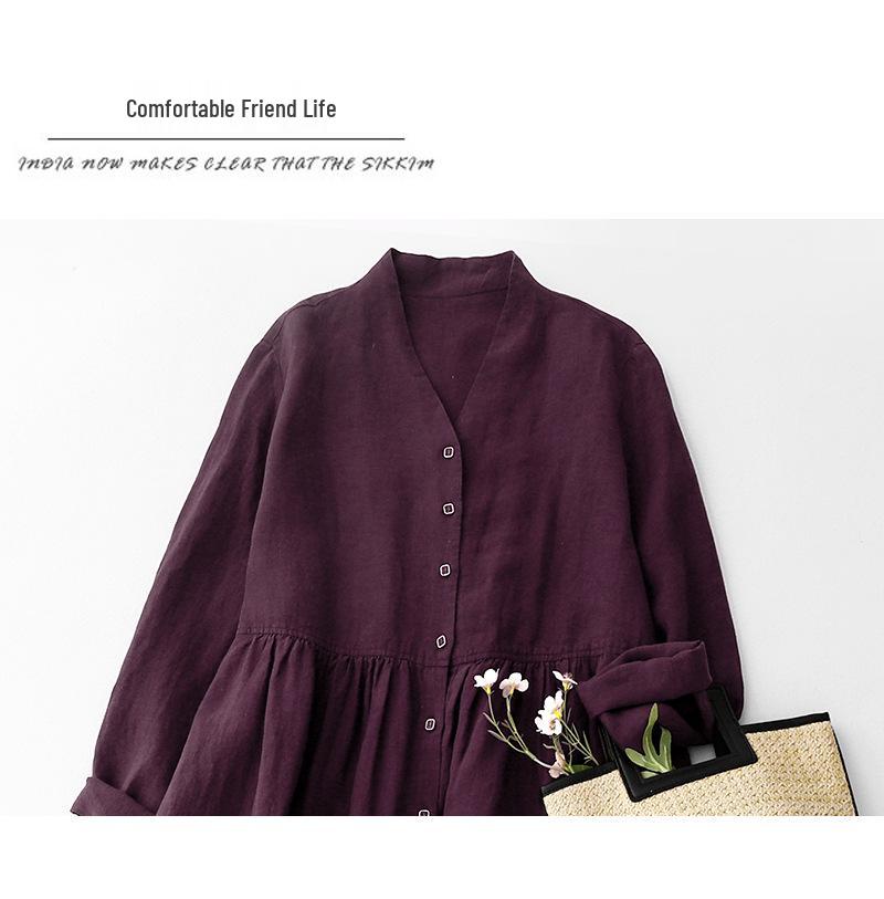 Женское хлопково-льняное платье с V-образным вырезом цвета бордо, с открытой передней частью, с длинными рукавами, облегающее, весна/осень 2025