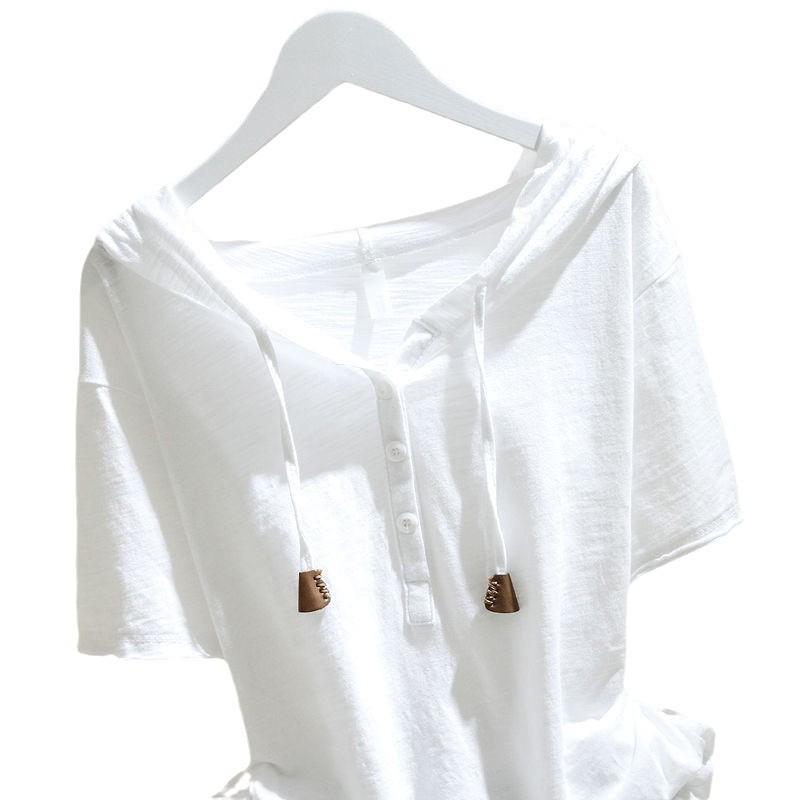 Хлопковая женская футболка с капюшоном и коротким рукавом - Весна/Лето 2025, Свободный крой, Приталенная, Пуловер в стиле кэжуал, Корейский стиль.