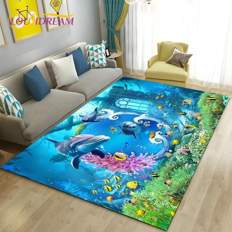 3D иллюзия морского дна, подводный мир, коврик с дельфином и акулой, ковер для гостиной, спальни, дивана, коврик, нескользящий напольный коврик