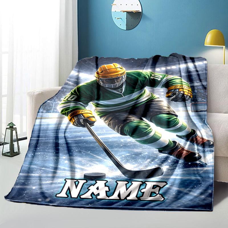 1PC Custom Name Hockey Player Action outdooor Flannel blankets Throw Blanket All-Season Throw Gift Bedspread for Couch, Bed, Camping Holiday Birthday