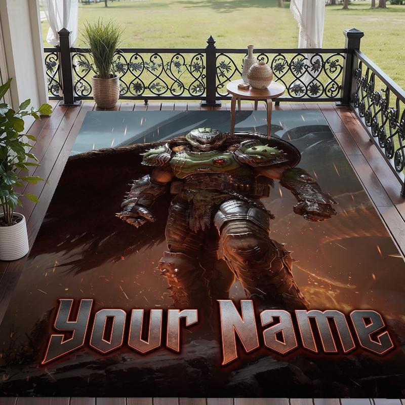 Custom Name DOOM Slayer Crystal Velvet Floor Rug Personalized Text Soft Carpet Home Decor