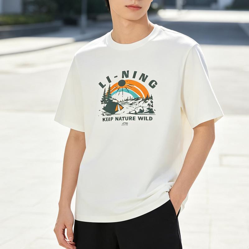 Li-Ning Летняя мужская однотонная футболка с принтом, круглый вырез, короткий рукав, удобная, дышащая, приятная для кожи, универсальная, модная, мужские топы AHSV337-3