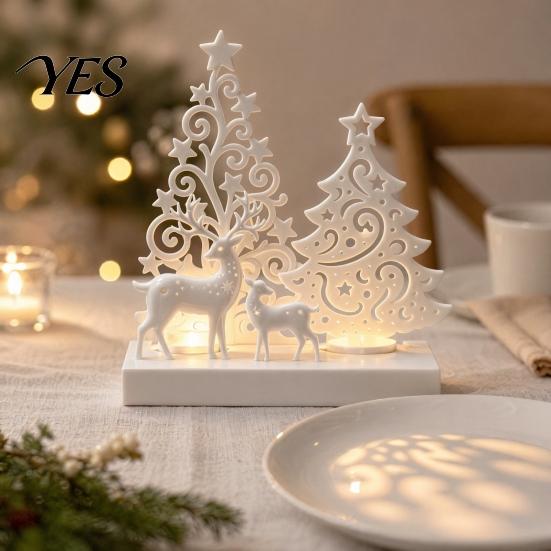 Desktop Decoration Candle Holder, Candlestick Base with Hollow Elk Christmas Tree Design, 3D Printed Matte White Ornament for Festive Home Table Decor