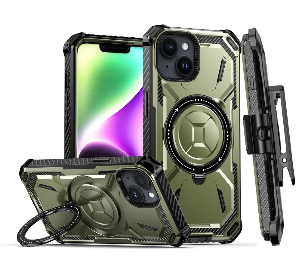 Для iPhone 16 15 14 Plus 13 12 11 Pro Max Armor Rugged For MagSafe Магнитный чехол для телефона с держателем кольца и зажимом для ремня
