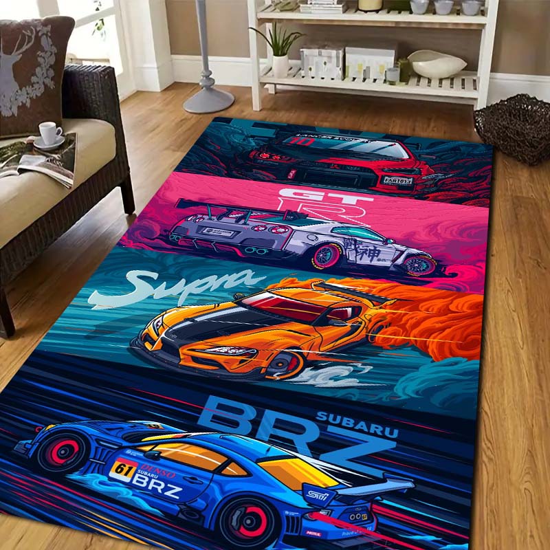 G GTR J JDM Racing Car Print Flannel Area Rug Non Slip Soft Floor Mat For Sofa Bedroom Indoor Home Decor Entrance Carpet Gift