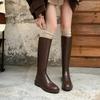 Осень и зима кожаные рыцарские ботинки женские средний каблук универсальные женские кожаные ботинки квадратный каблук большой обхват голенища молния коровья кожа высокие