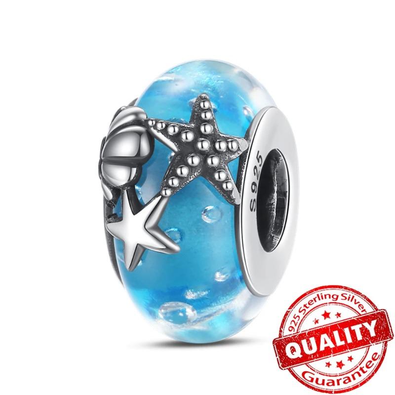 Murano Glass Series 925 Silver Curved Feathers & Fortunate Four-leaf Clover Charm Fits Bracelet Exquisite Gifts