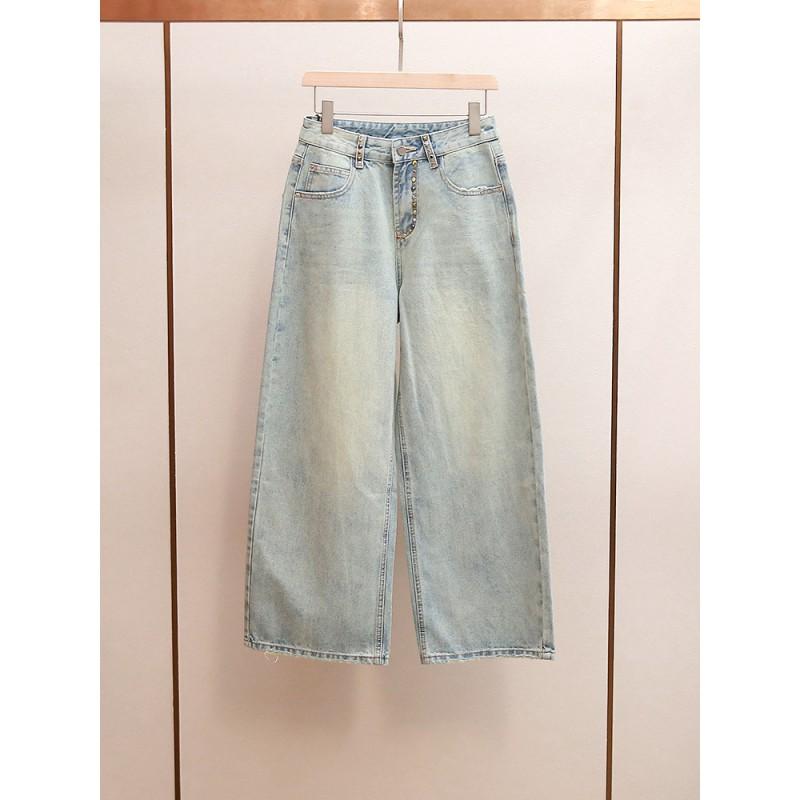 Womens High-Waisted Straight Leg Denim Jeans With Rhinestone Embellishment Cotton Blend Office Chic Style