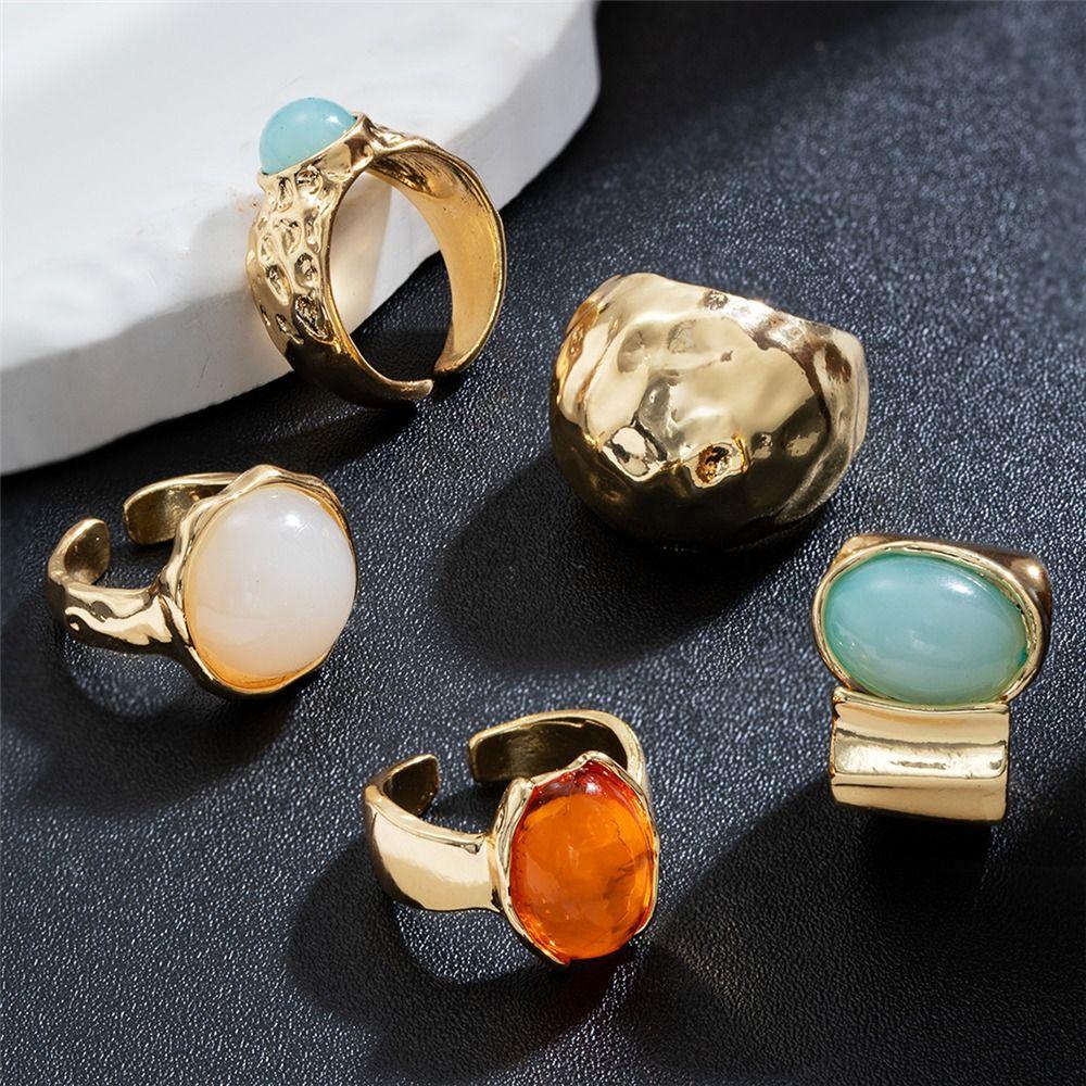 5Pcs Aesthetic Vintage Ring Set Retro Alloy Fashion Jewelry Adjustable Ethnic Rings for Women