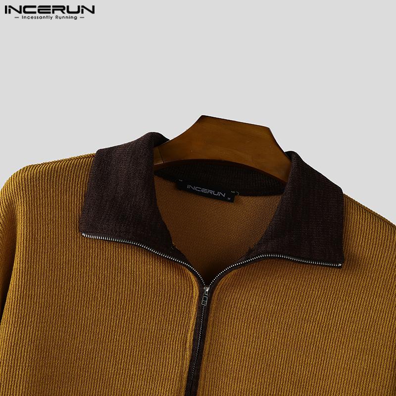 INCERUN Осенние мужские пуловеры с длинным рукавом, на молнии, с лацканами, с декоративной строчкой, в рубчик