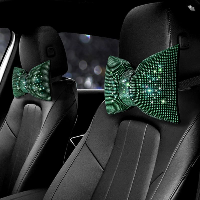 Surpassme 2PCS Rhinestone Car Headrest Neck Pillow For Driving With Bling Bling Crystal Bow Pillow Car Accessories For Women (Silver/White)