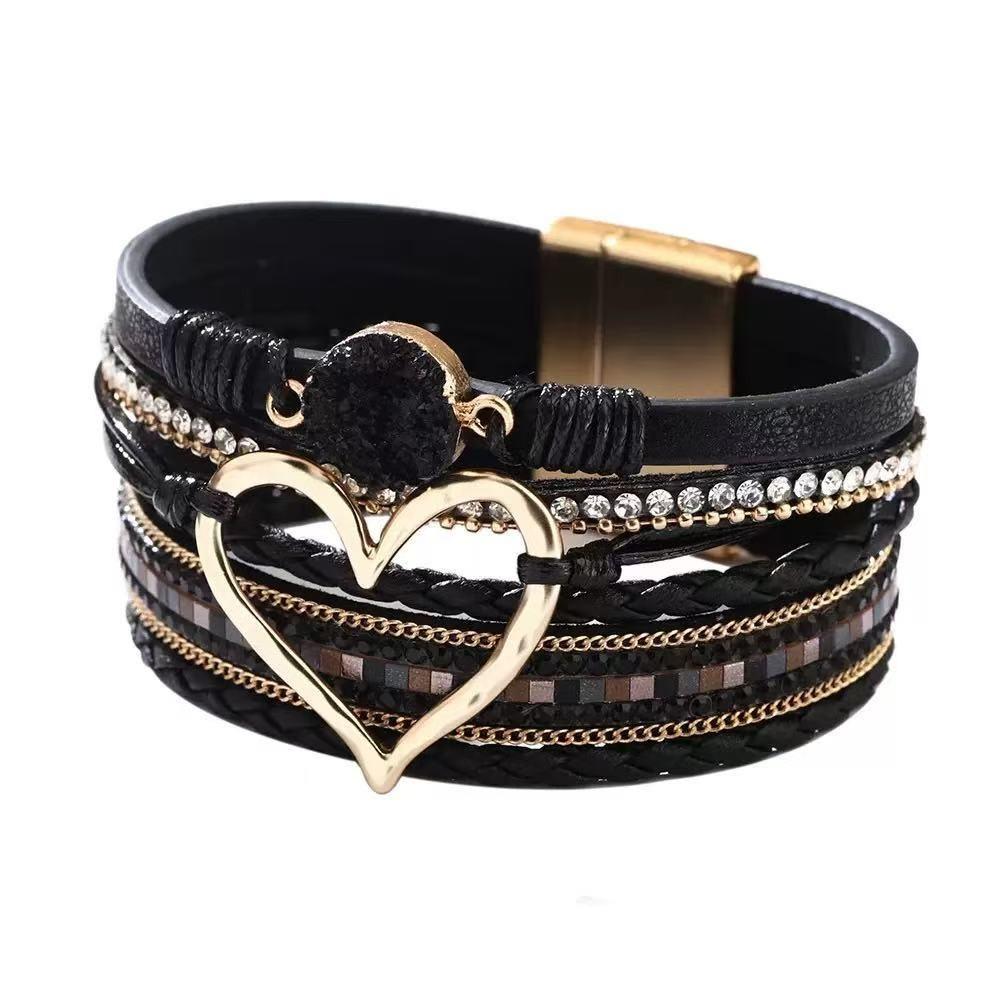 Braided Heart Woven Bracelet Leather Stacked Zircon Bracelets  Female Jewelry