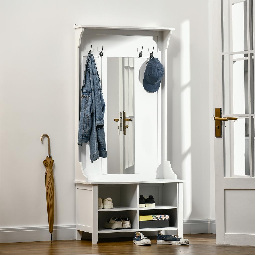 Standing Coat Rack with Mirror Shoe Rack 4 Hooks Wood 80x40x170cm White