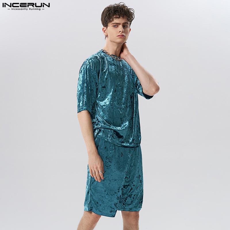 INCERUN Мужские комплекты из 2 предметов Pleuche с короткими рукавами, футболки и шорты, одежда для отдыха, свободный костюм