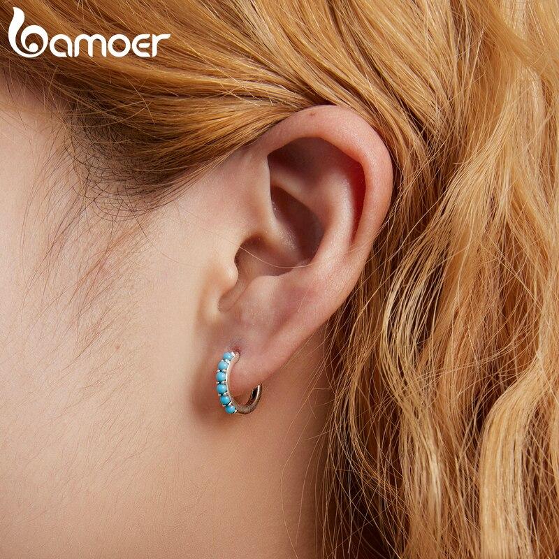 BAMOER 925 Sterling Silver Stackable Blue Turquoise Ear Buckles for Female Fashion Modern Hoop Earrings for Women Fine Jewelry