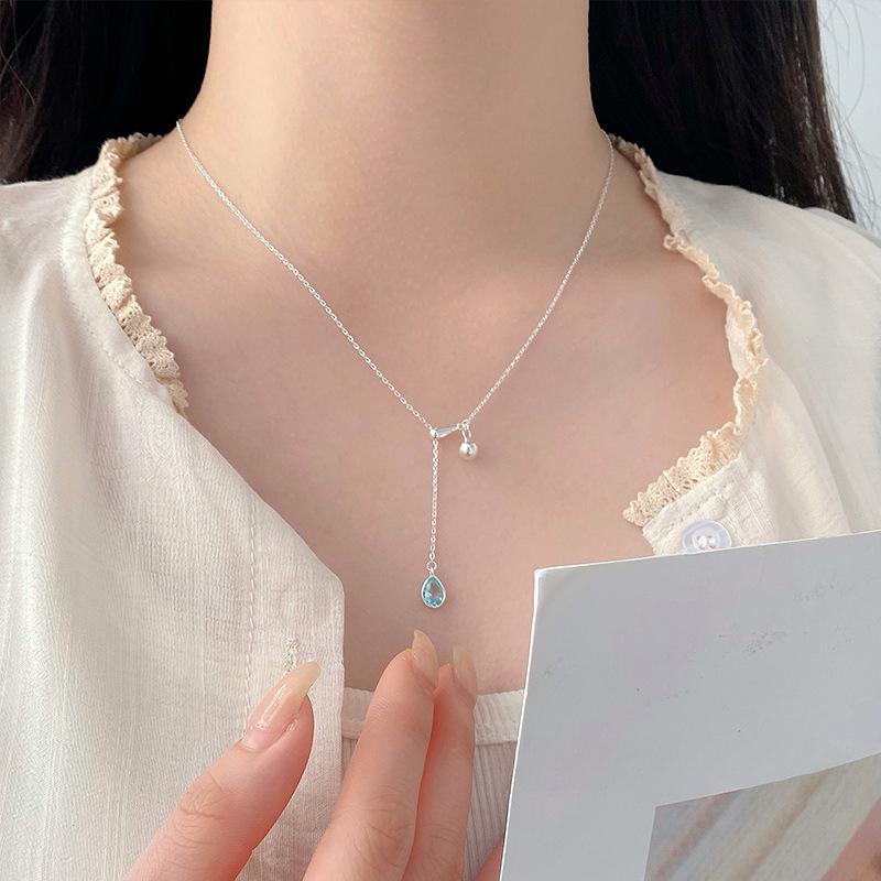 Fresh Blue Diamond Water Drop Necklace for Women's Sweetheart Pullout Adjustable Fashion Collar Chain