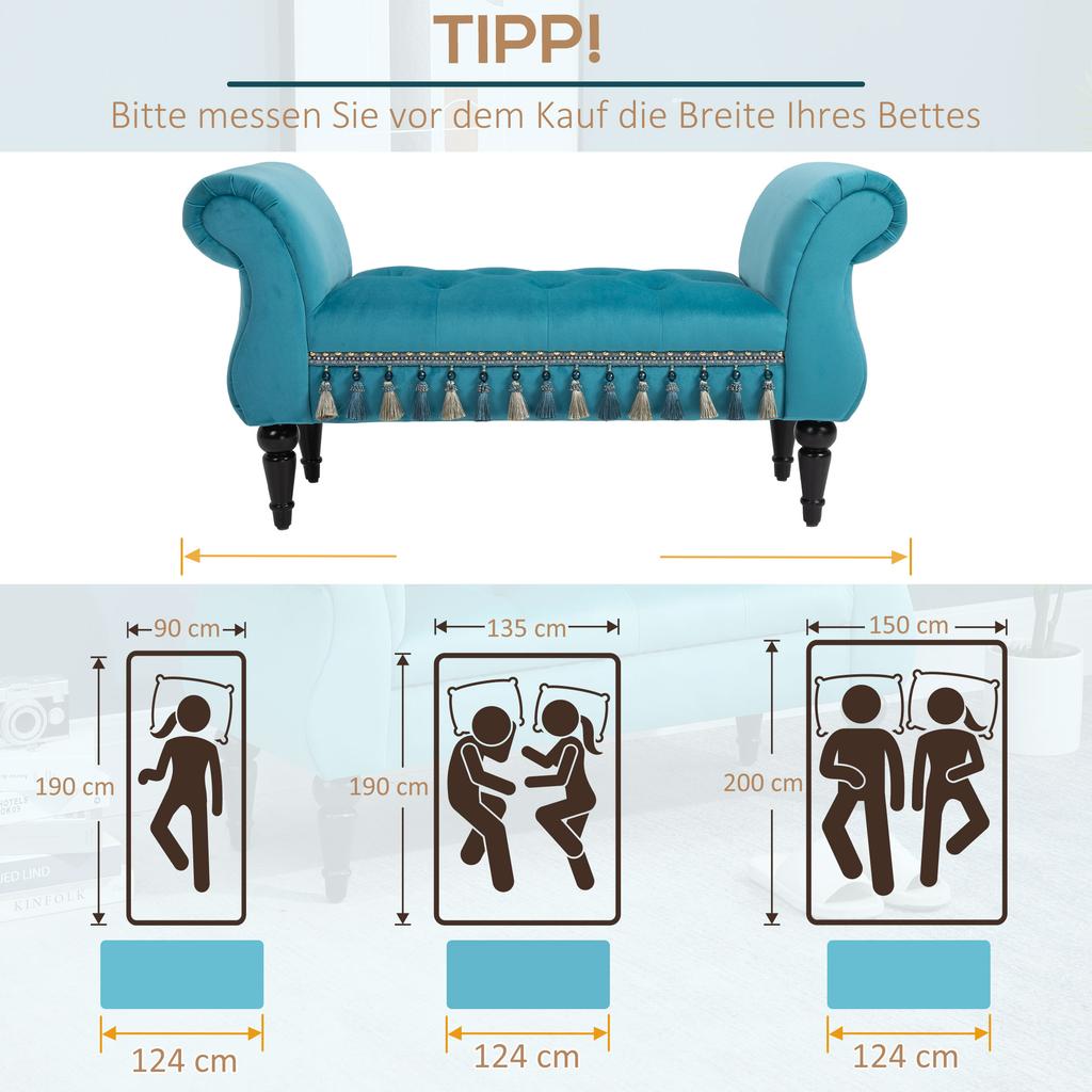 Bench Upholstered Bench with Velvet Cover, Armrest Bed Bench with Wooden Frame, Shoe Bench for Bedroom, Living Room, Hallway 117 x 40 x 58 cm Blue