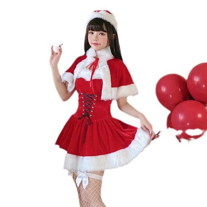 Christmas Costume Adult Female Red Cape Christmas Dress Santa Sexy Dress Cape