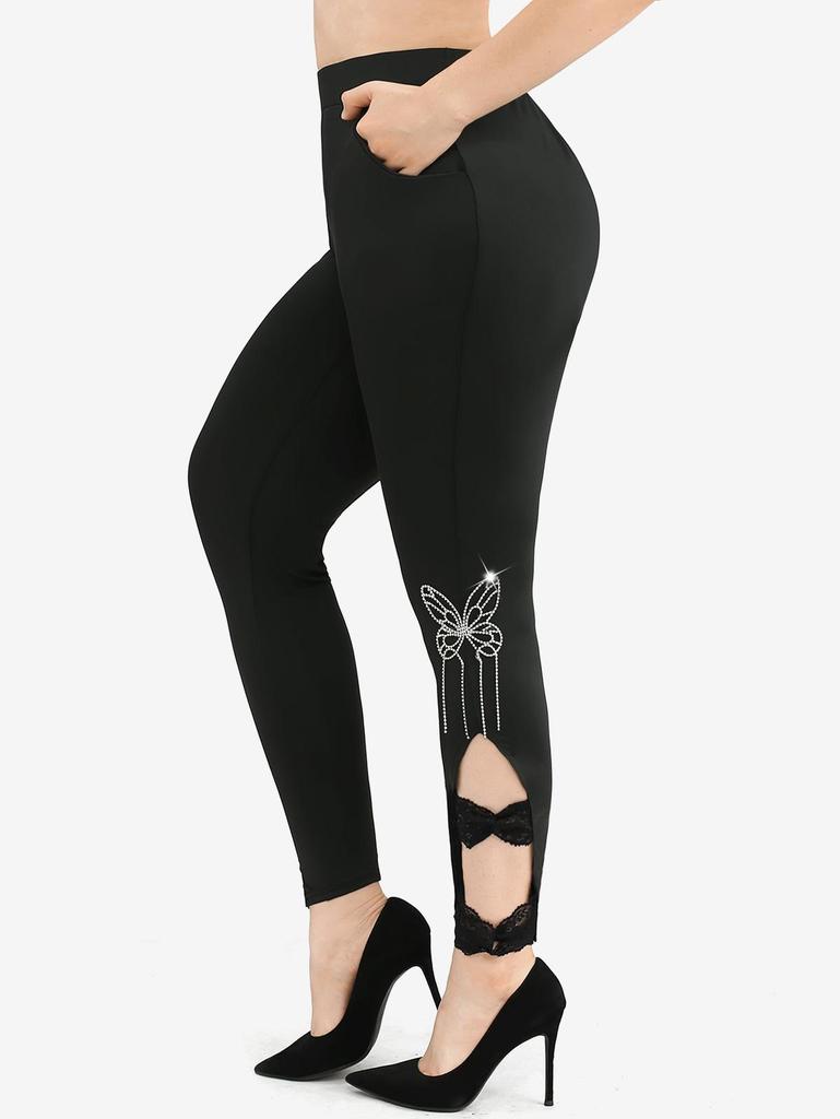Rosegal Plus Size Rhinestones Glitter Butterfly Bowknot Lace Leggings