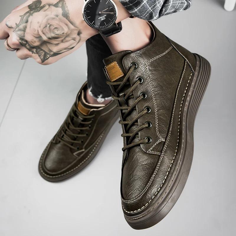 Модные весенние мужские ботинки из натуральной кожи, высокие кроссовки для мужчин, классические туфли для скейтбординга, повседневная обувь, ботинки ручной работы для мужчин