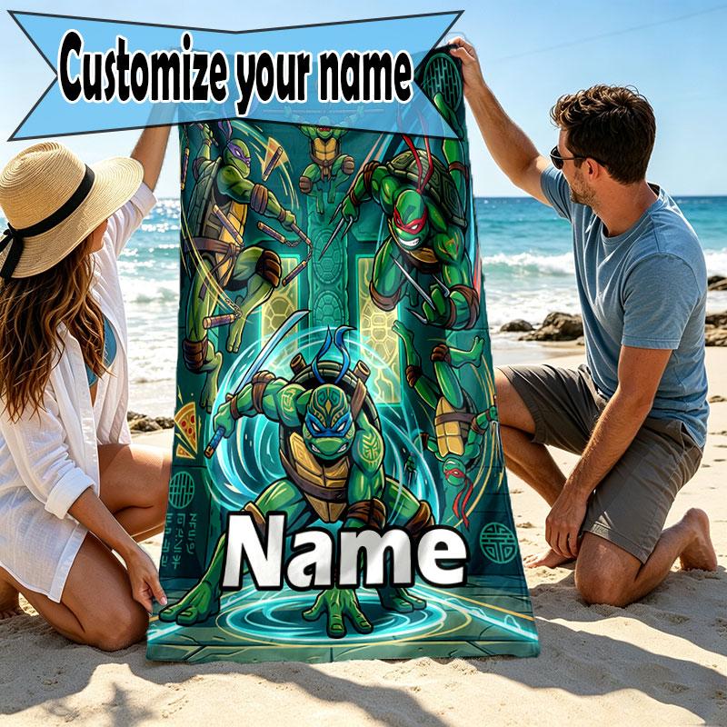 Custom Name Personalized Teenage Ninja Turtles Print Beach Towel, for Trip Camping Beach Party Home Decor, Birthday Gift for Family & Friends