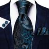 Hi-Tie Fashion Mens Blue Paisley Necktie Hanky Cufflinks for Business Wedding