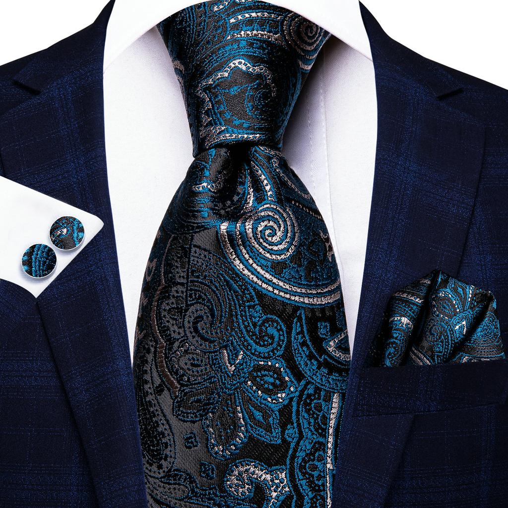 Hi-Tie Fashion Mens Blue Paisley Necktie Hanky Cufflinks for Business Wedding