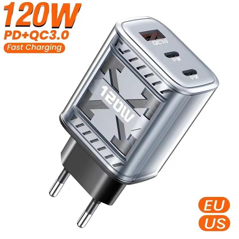 Быстрая зарядка 120 Вт 3 порта Зарядное устройство для мобильного телефона QC3.0 USB Type C Зарядные устройства Двойной PD USB Сетевой адаптер Вилка ЕС/США для iPhone Samsung
