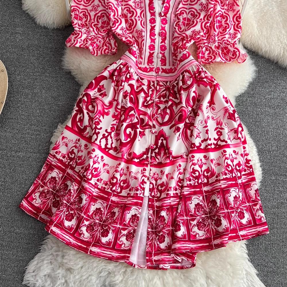 Летнее подиумное красно-синее фарфоровое вечернее платье, женские пляжные мини-платья с v-образным вырезом и расклешенными рукавами, оборками и пуговицами с цветочным принтом