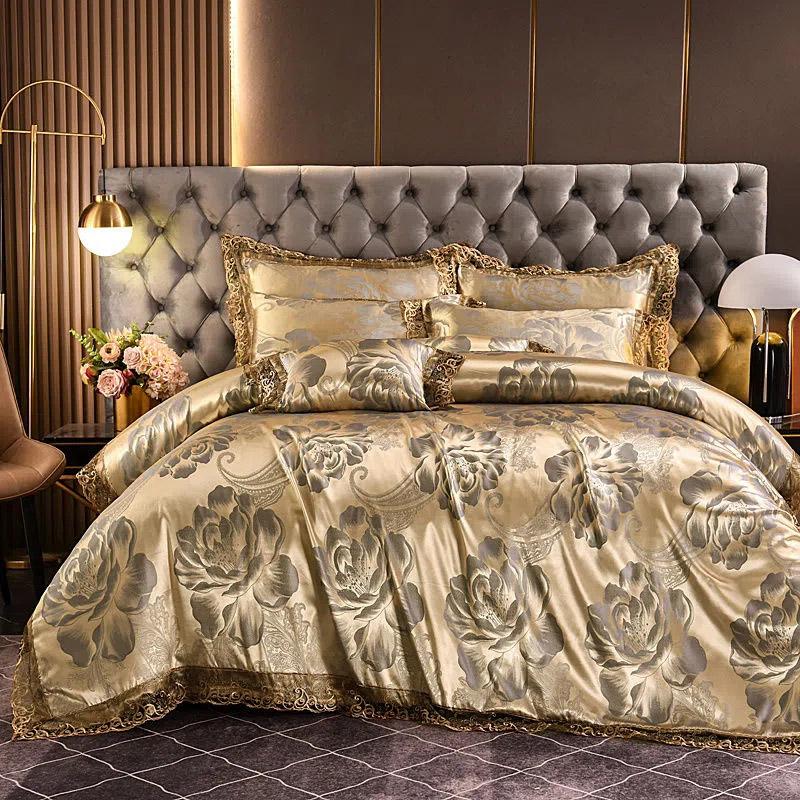 Роскошные европейские жаккардовые комплекты постельного белья с кружевными краями, пододеяльник, сплошной цвет, простыня, свадебное красное постельное белье, домашний текстиль, комплект из четырех предметов