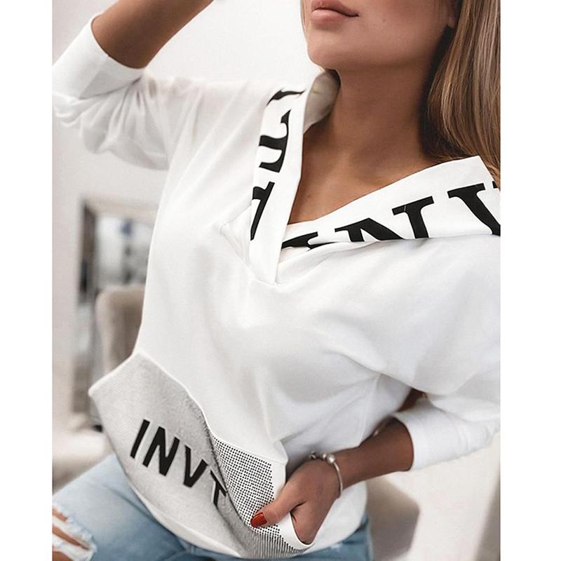 Мой гардероб, элегантная женская блузка с буквенным принтом, рубашка, повседневный пуловер с длинными рукавами, топы, женский воротник с капюшоном