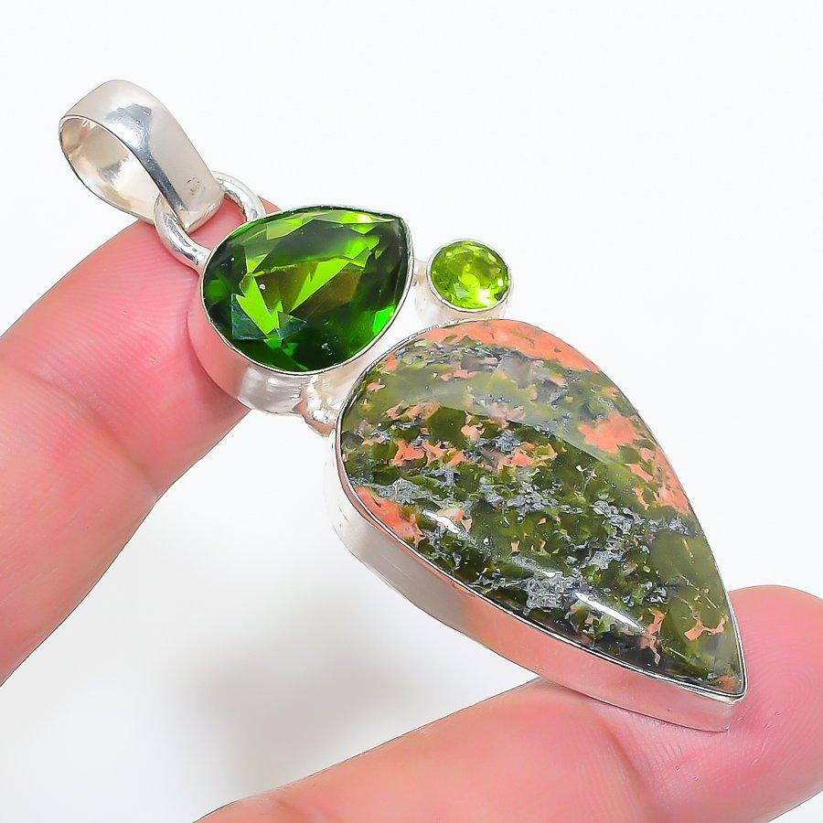Natural Unakite, Peridot Gemstone 925 Sterling Silver Jewelry Pendant 2.68" P2P81