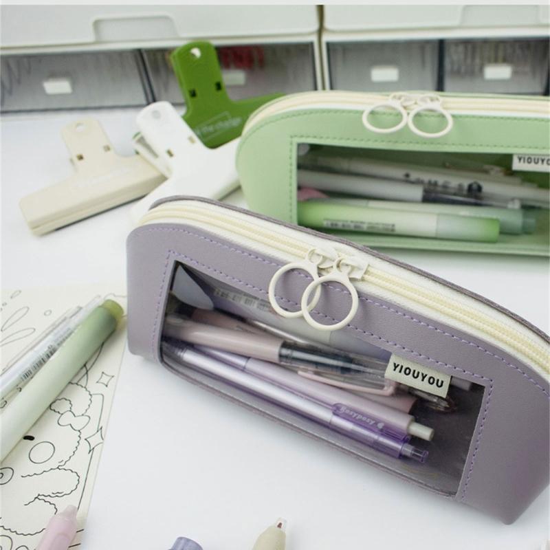 Leather Pencil Case Large Compartment Pencil Bag Water Resistant Clear Pen Pouches Pen Organizers Bag for Student Adult