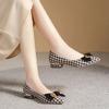 New Thick Heel Shoes Women's 2024 Autumn New All-match Pointed Toe Flat Shoes Houndstooth Bow Shallow Mouth Medium Heel