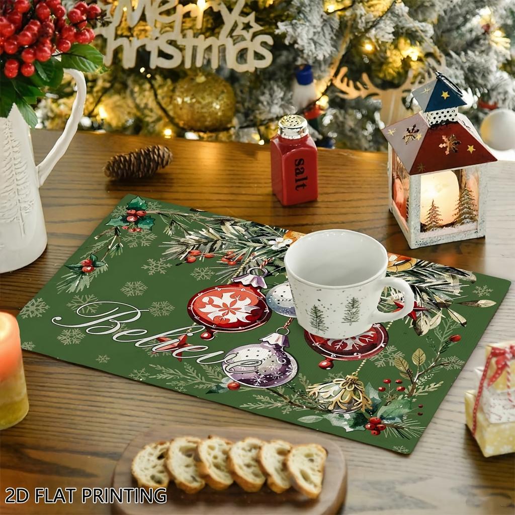 4pcs/6pcs Christmas Table Mats Suitable for Dining, Xmas Placemats with Believe Print & Ornament, Rectangular Holiday Table Decor for Home, Parties, G