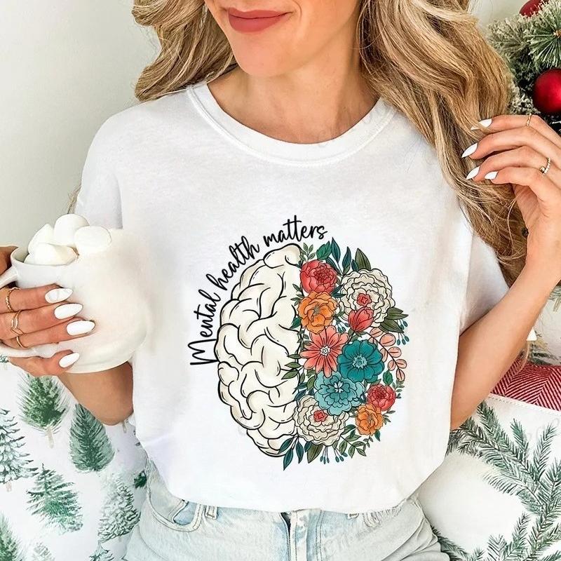 Mental Health Shirt,School Psychologist T-Shirts,Inspirational Tees,Mental Health Awareness Tops,Cute Brain Women's T-Shirt